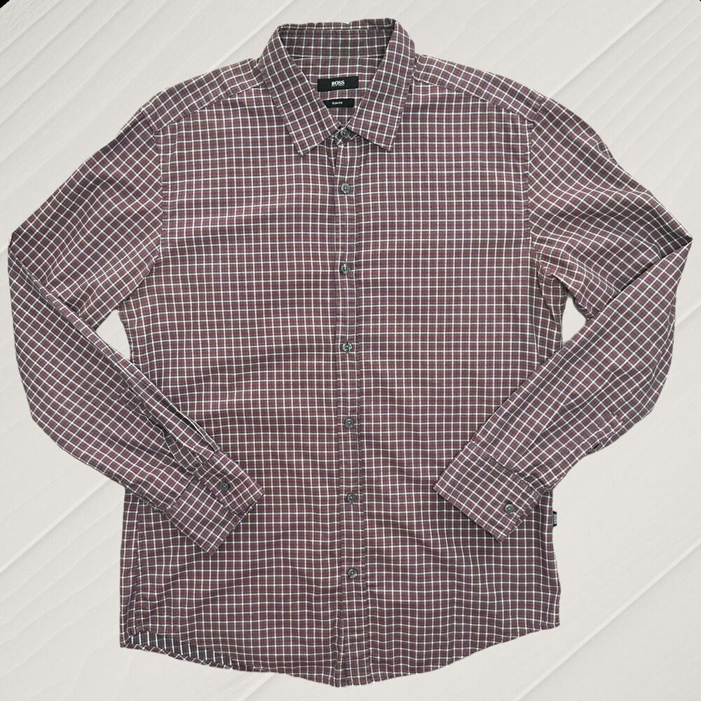 HUGO BOSS Plaid Button Up Shirt Windowpane Pattern Burgundy Slim Fit Red Large